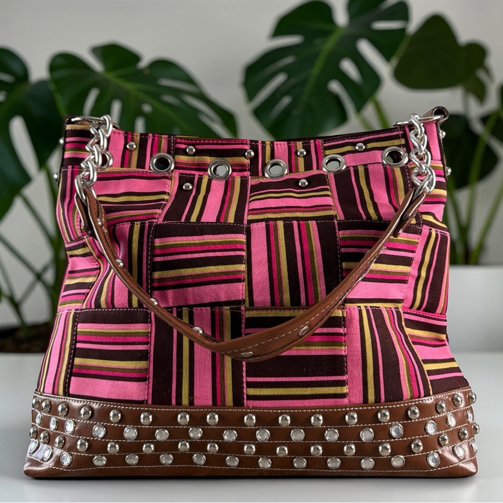 Pink Striped Vegan Leather Studded Bag Rhinestone Glam |Statement Purse Like New - Picture 17 of 17